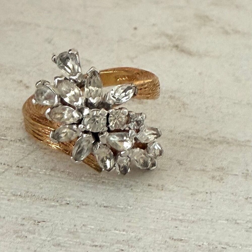 Vintage Gold-Tone Floral Rhinestone Statement Ring